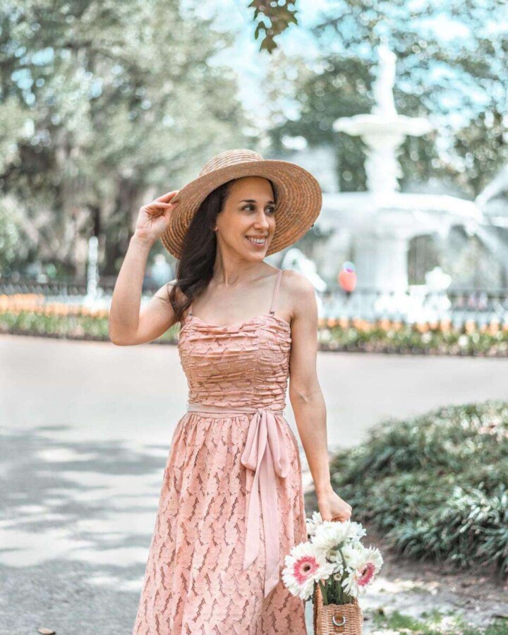 girl in pink dress at Forsyth Park, Savannah